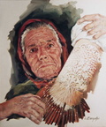 Dona amb coixí de boixets- 10F -55x46 cm.